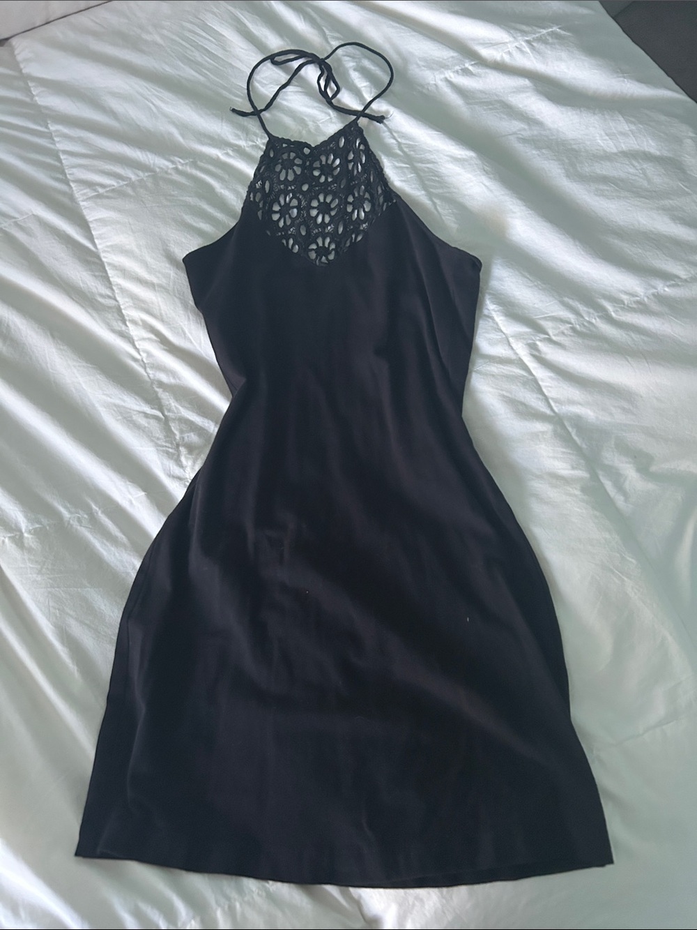 Free People Black Halter Crochet Yoke Mini Dress